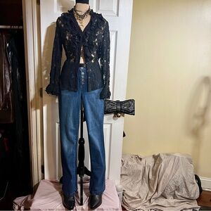 NEWPORT‎ NEWS Wms Y2K Black Lace Cotton Floral Mesh Boho Ruffle Poets Blouse 6